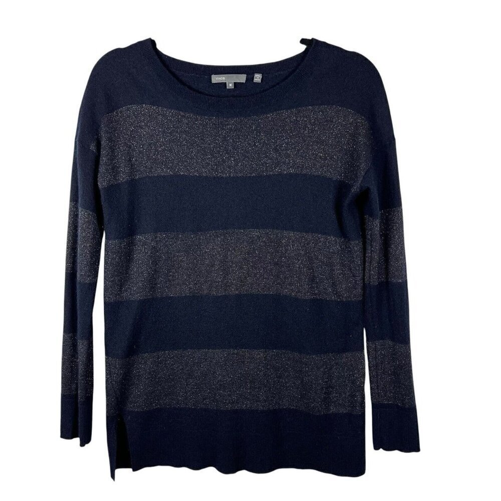 Vince Pullover Sweater Womens M Cashmere Metallic Rugby Stripe Blue Gray